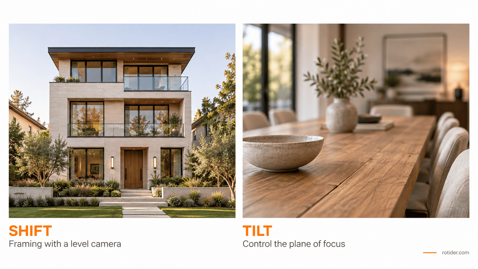 Shift controls framing while tilt adjusts focus